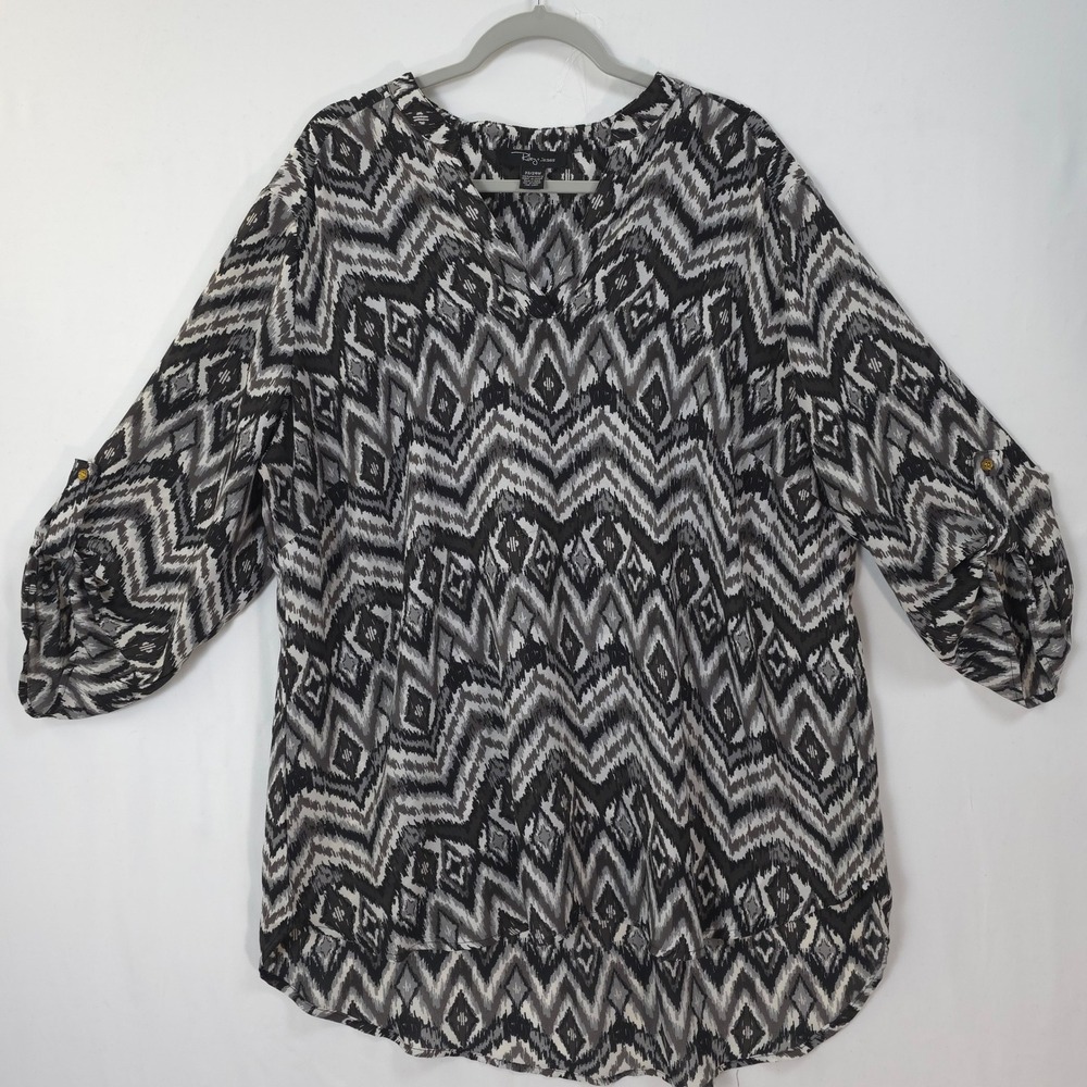 Riley + James Tunic Women 22/24W Roll Tab Sleeve Black Grey Ikat Chevron‎ Boho